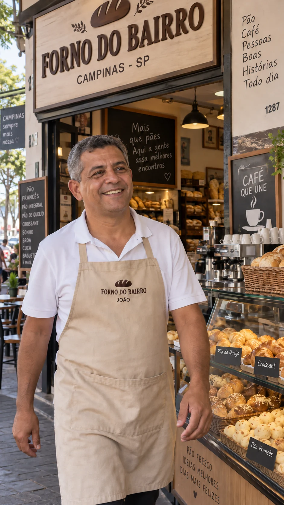 Personagem de IA no ambiente de uma padaria fictícia